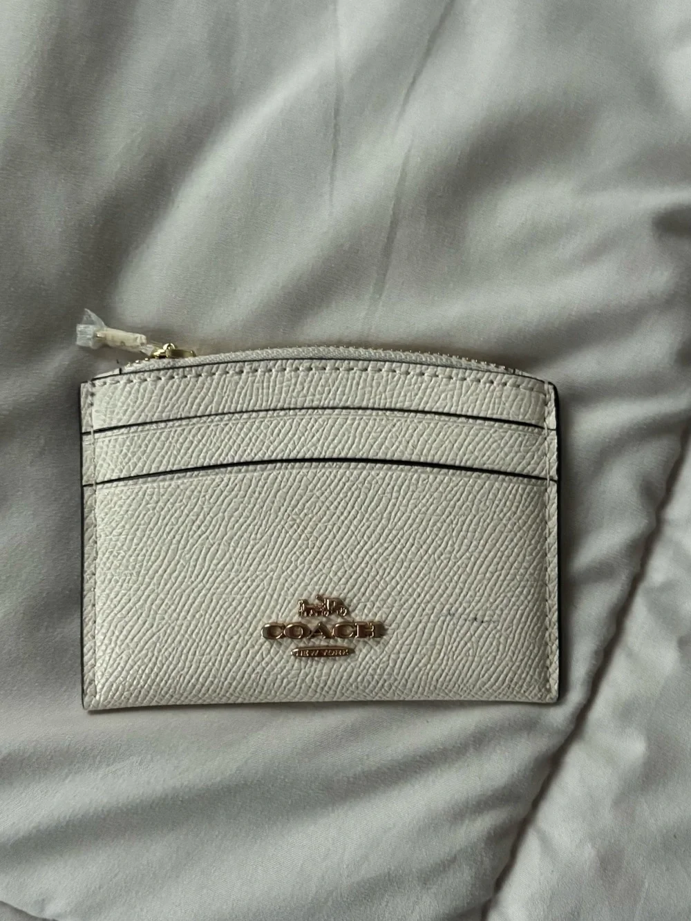 Coach Cream Leather Zip Card Holder with Gold Logo